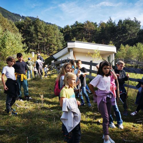 Waldtag mit Charlie - Kinder vor der Wasserfassungsanlage