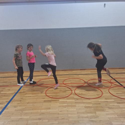 Stationsbetrieb im Turnsaal - In Reifen springen